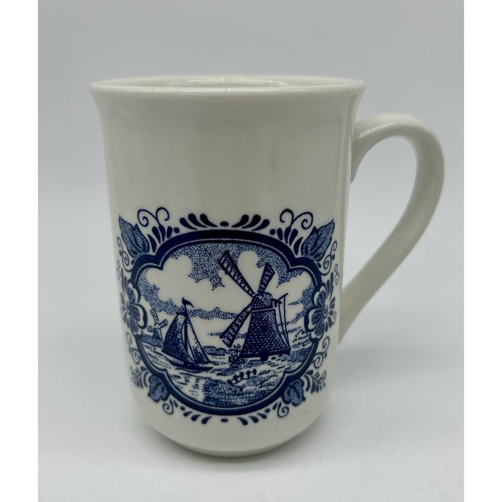 Churchill Blue White Tall MugCoffee Tea Made in England 8 Oz Wind Mill Sailboat